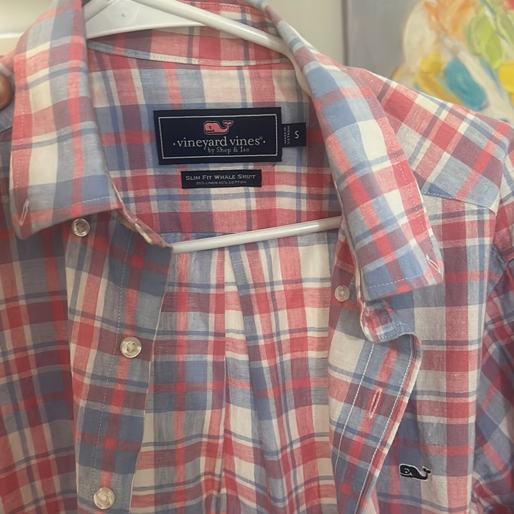 Vineyard Vines Men's Red and Blue Plaid Shirt(slim fit whale shirt) Size S